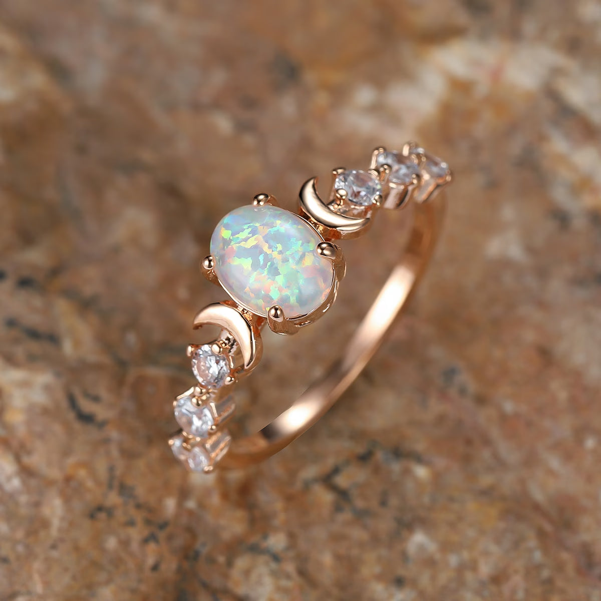 Opal Crescent Moon Ring | Rose Gold
