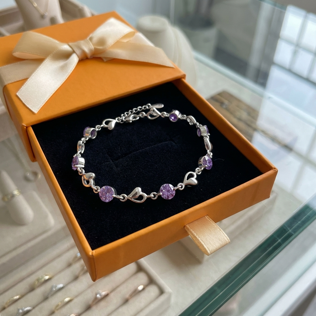 Heart Charm Amethyst Bracelet | White Gold