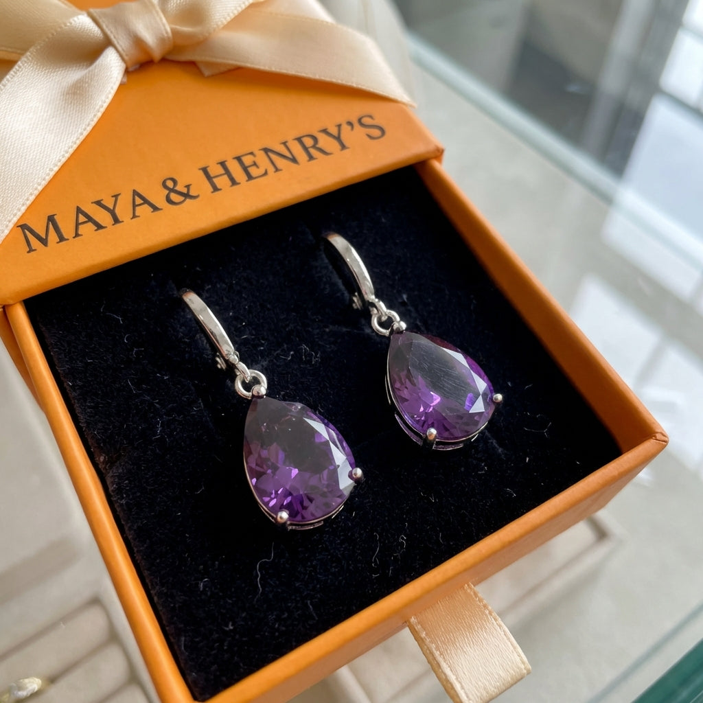 Amethyst Teardrop Earrings | White Gold