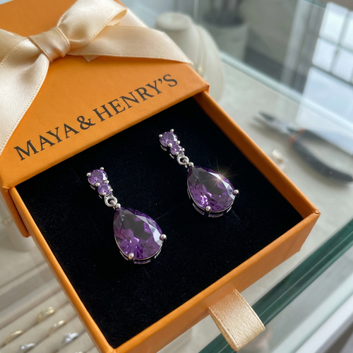 Amethyst Dewdrop Earrings | White Gold