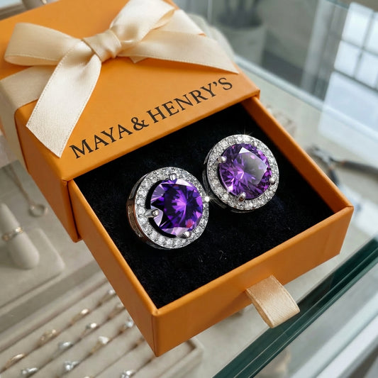 Amethyst Round Pave Studs | White Gold