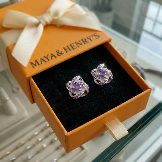Purple Crystal Knot Earrings | White Gold