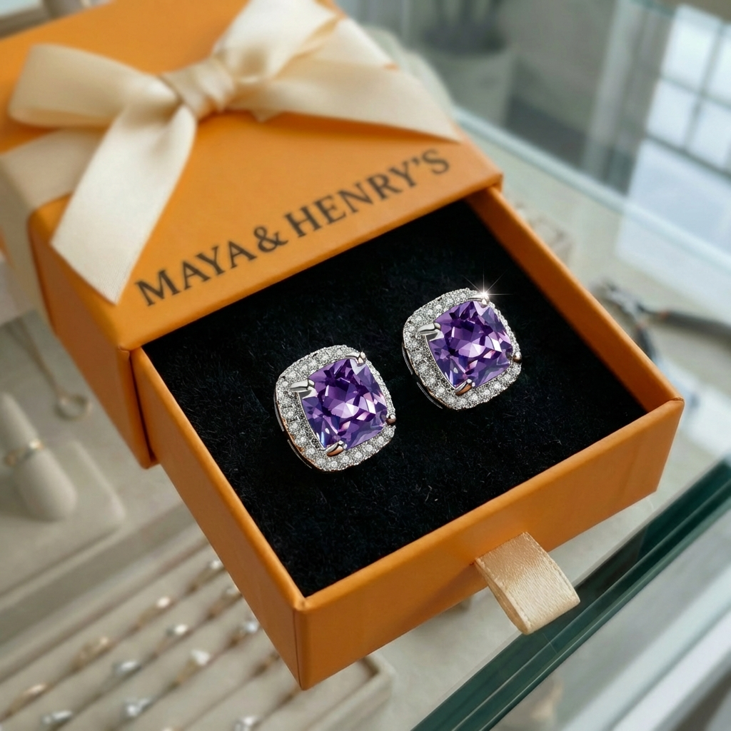 Amethyst Square Pave Studs | White Gold