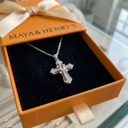 Celestial Pink Cross Necklace | White Gold