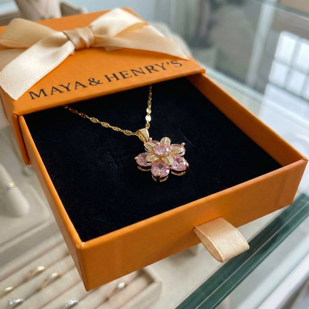 Amorea Pink Flower Necklace | Gold