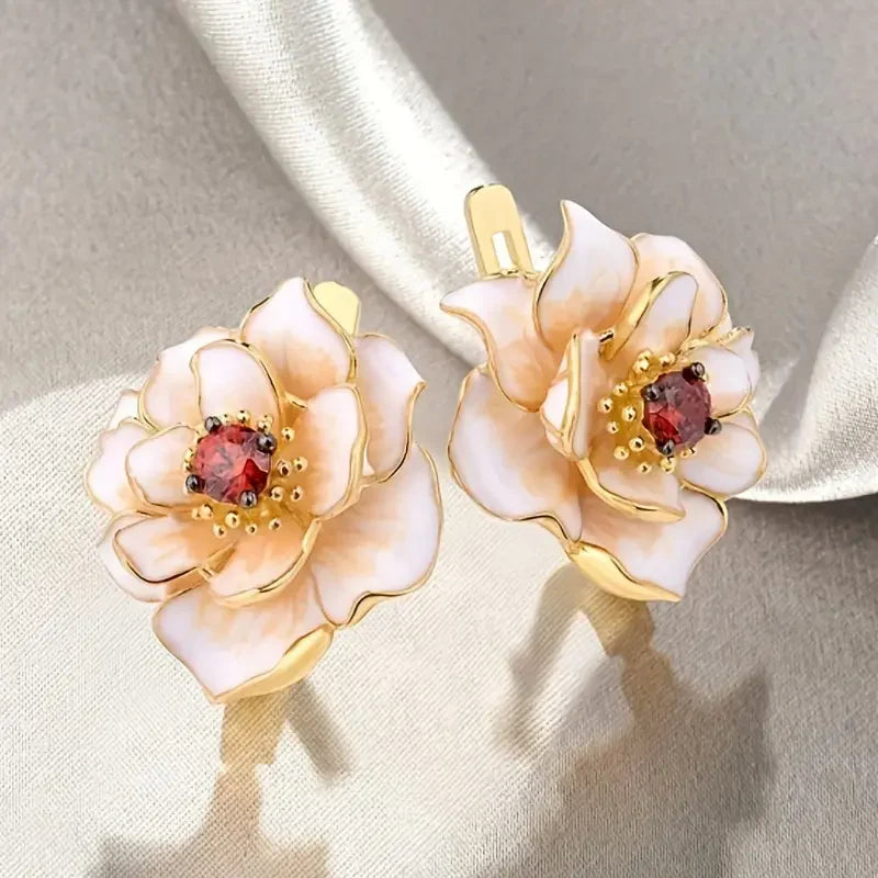 White Flower Red Zirconia Earrings | Gold