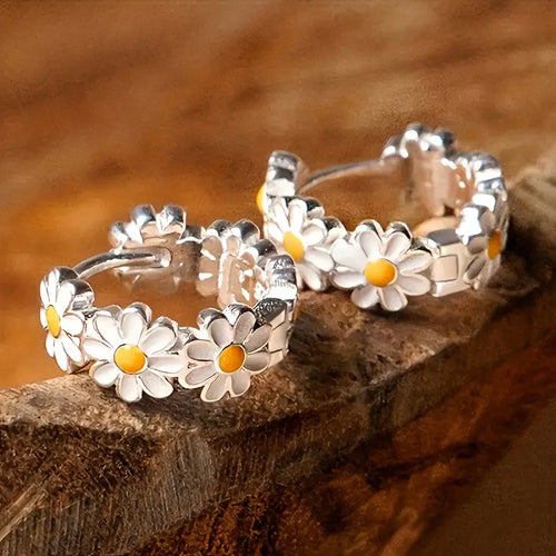 Elegant Daisy Hoop Earrings | White Gold